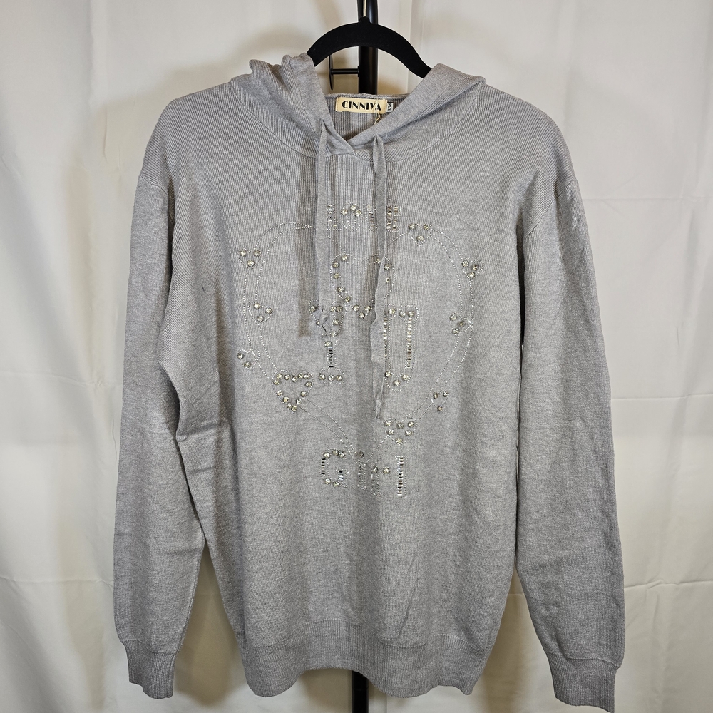 Gray Knit Hooded Sweater with Jewel Embellishments